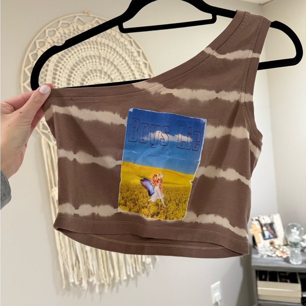 Brown Tie-Dye One-Shoulder Top